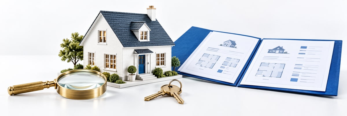 White model home beside a blue property folder, gold magnifying glass, and house keys