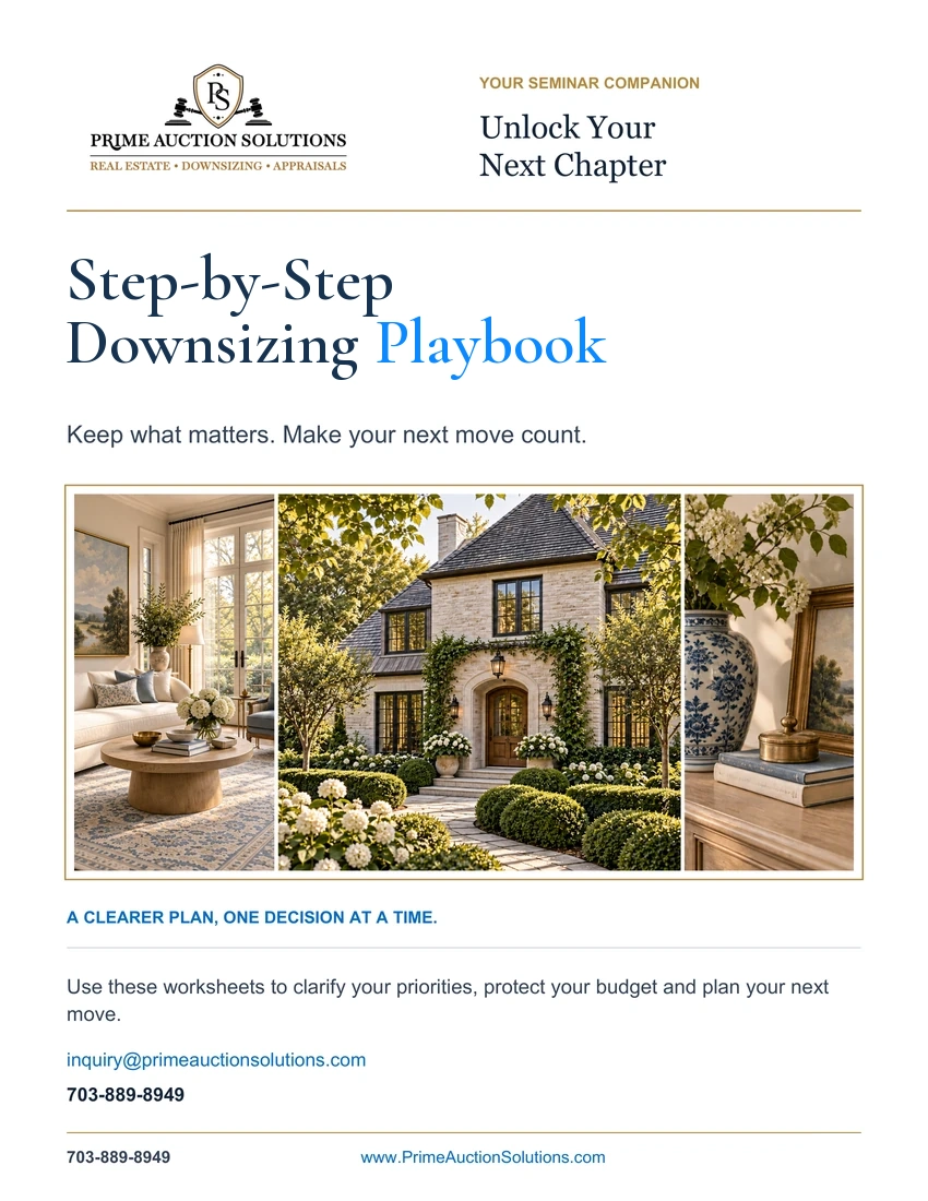 Step-by-Step Downsizing Playbook cover with an elegant home centered between an interior and curated belongings