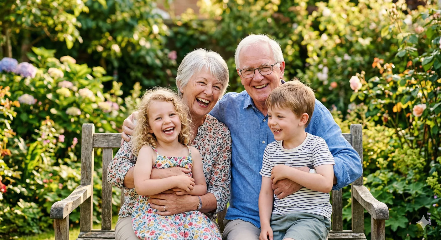 Editorial scene of grandparents sharing a happy garden afternoon with two grandchildren