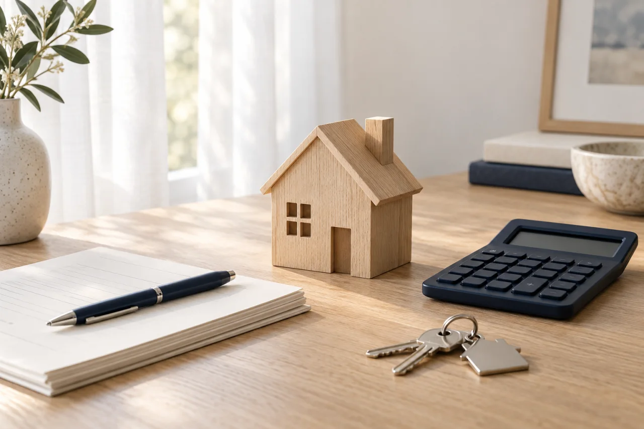 Editorial scene of a home model, calculator, keys, and financial papers