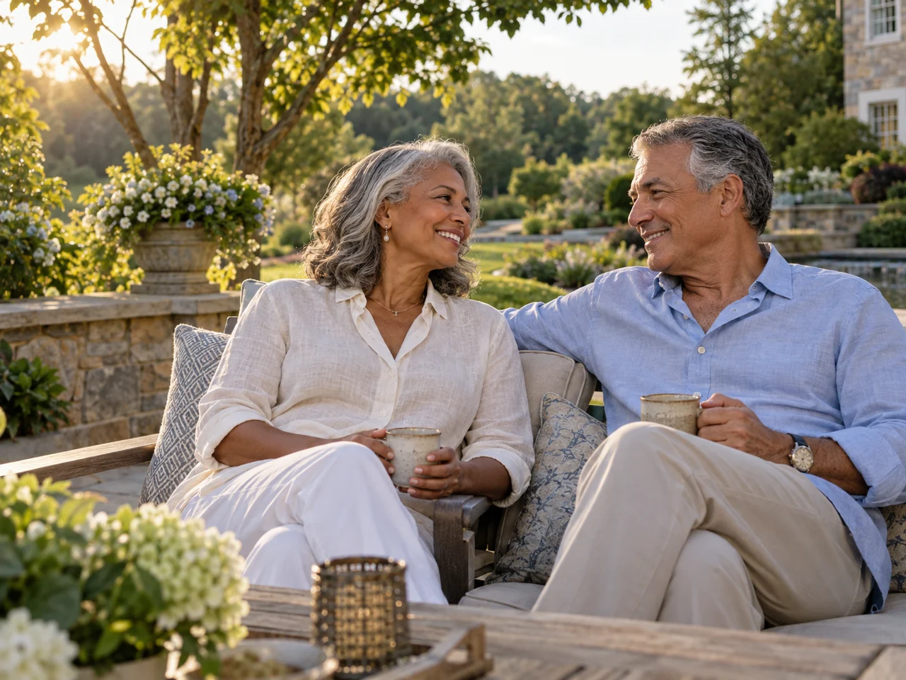 Editorial scene of an older couple enjoying an unhurried afternoon together in a garden