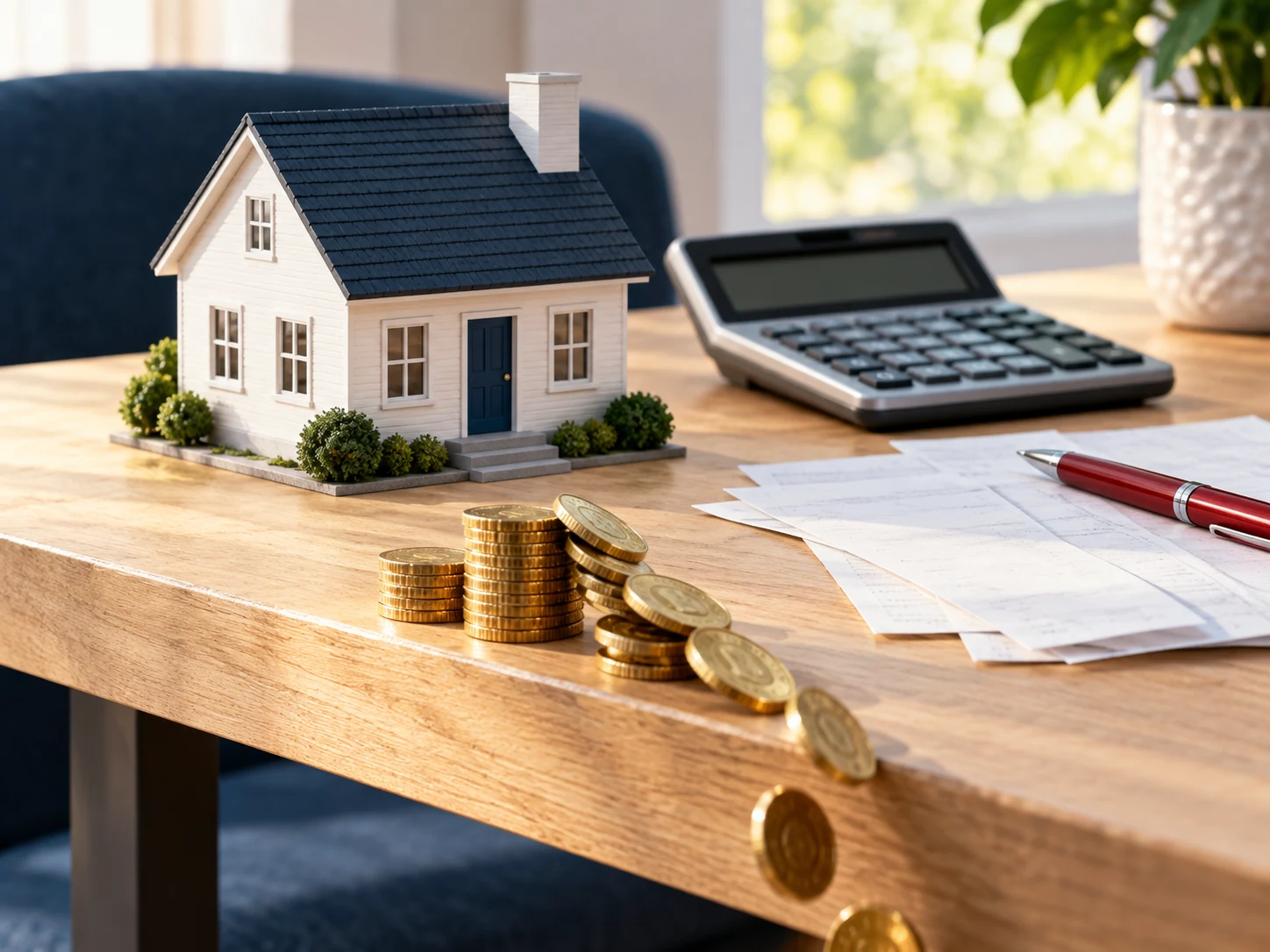 Editorial scene of a home model, renovation plans, calculator, and coins slipping toward the edge of a table
