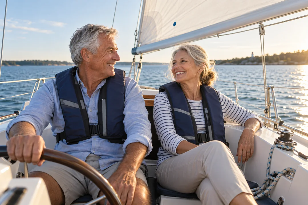 Happy older couple enjoying a relaxed afternoon sailing together