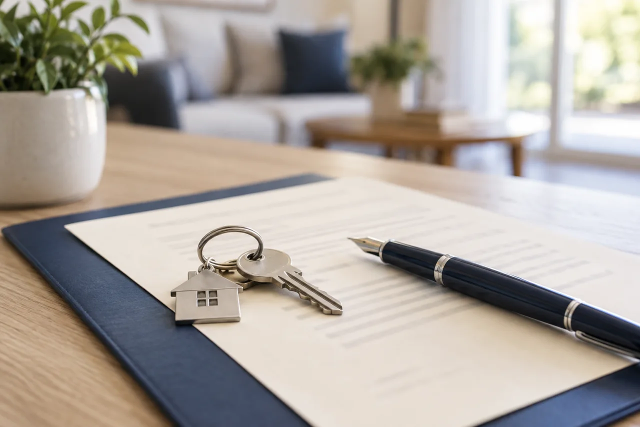 Editorial scene of house keys, a pen, and settlement documents ready for review